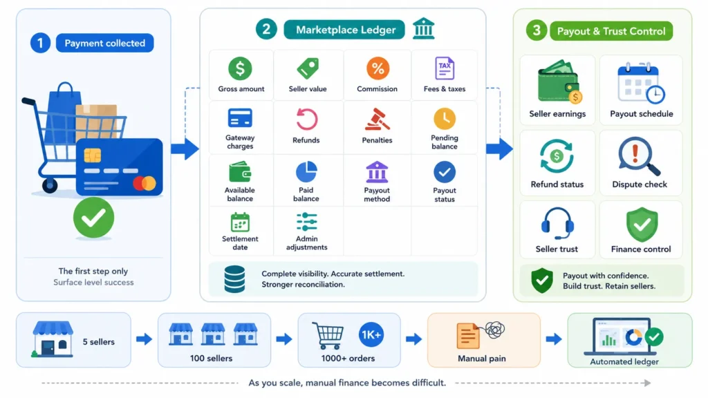 Marketplace ledger infographic showing payment collected, gross amount, seller value, commission, fees and taxes, gateway charges, refunds, penalties, pending balance, available balance, paid balance, payout method, payout status, seller earnings, payout schedule, refund status, dispute check, seller trust, finance control and automated ledger reconciliation.