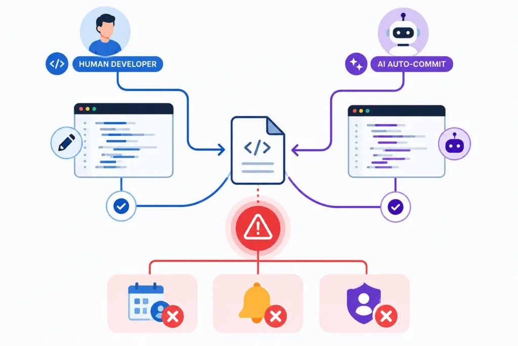 The Auto-Commit Disaster: Managing Git Conflicts in AI-Generated Repos 1 AI auto-commit and human developer branches causing a merge conflict in an AI-generated repo