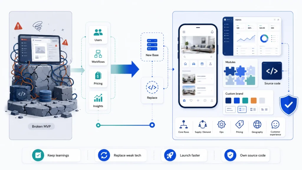 Fix vs. Rebuild: The Ultimate Decision Framework for AI-Built Startups 2 MVP migration infographic showing a broken startup app with tangled backend issues moving to a new launch-ready platform with users, workflows, pricing, insights, mobile app screens, admin dashboard, custom branding, source code, modules, security, operations, geography, pricing and customer experience.