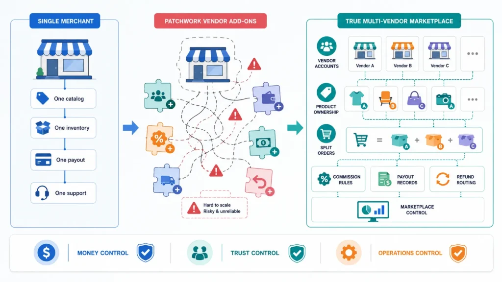 Multi-vendor marketplace architecture infographic comparing single merchant setup, patchwork vendor add-ons, and true marketplace system with vendor accounts, product ownership, split orders, commission rules, payout records, refund routing, money control, trust control, and operations control.