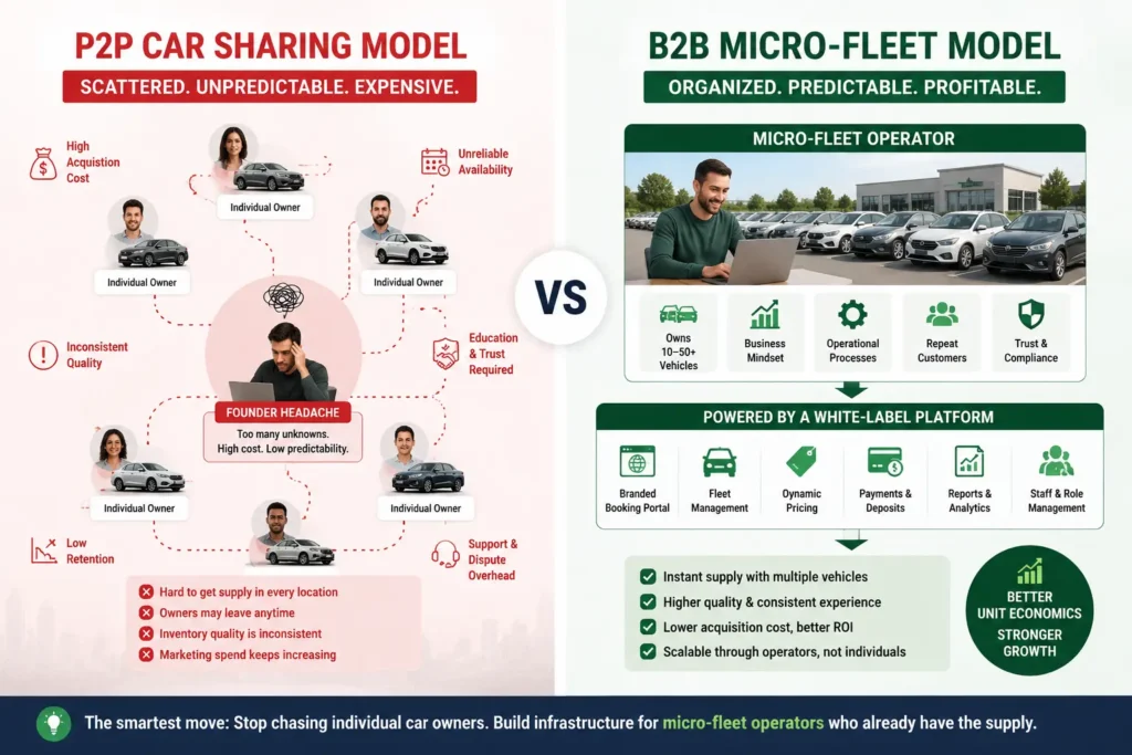 Stop Relying on Peer-to-Peer: Why B2B Micro-Fleets Are the True Future of Car Sharing 1 P2P car sharing versus B2B micro-fleet model infographic showing individual car owner acquisition problems, inconsistent vehicle quality, low retention, founder headache, micro-fleet operators, white-label platform features, fleet management, payments, analytics, compliance, and better unit economics.