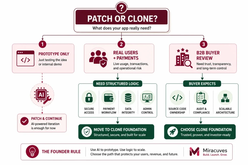 Security Showdown: AI-Prompted Syntax vs. Pre-Compiled Clone Logic 4 Decision flowchart for patching an AI-generated app or choosing a clone app foundation