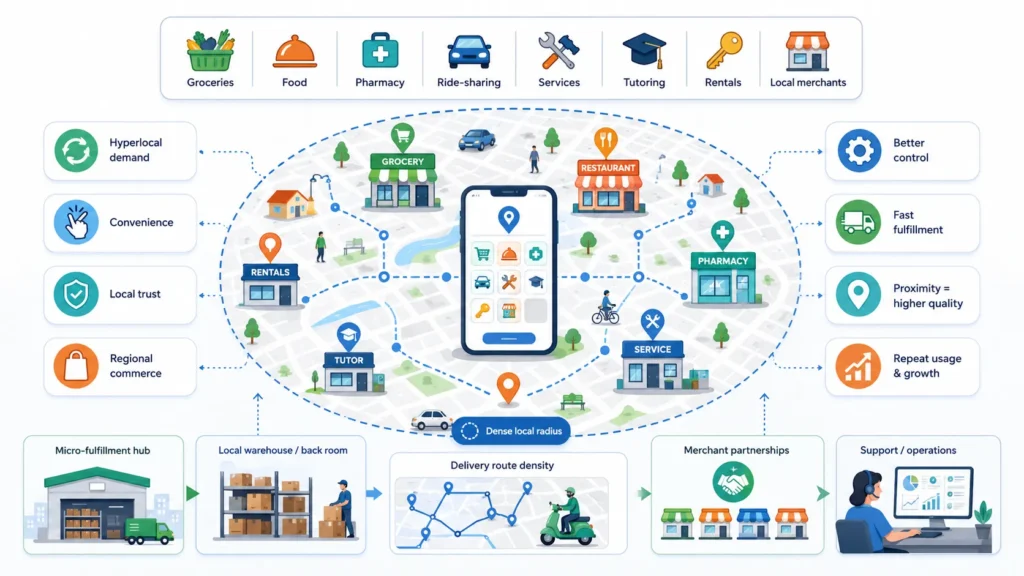 Localized app categories infographic showing groceries, food, pharmacy, ride-sharing, services, tutoring, rentals and local merchants connected through a hyperlocal app map with customer demand, convenience, local trust, regional commerce, fast fulfillment, proximity, repeat usage, merchant partnerships, delivery route density and support operations.