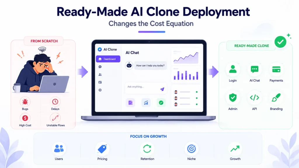 Infographic comparing AI app development from scratch with ready-made AI clone deployment featuring login, AI chat, payments, admin controls, API integration, branding, and growth tools.