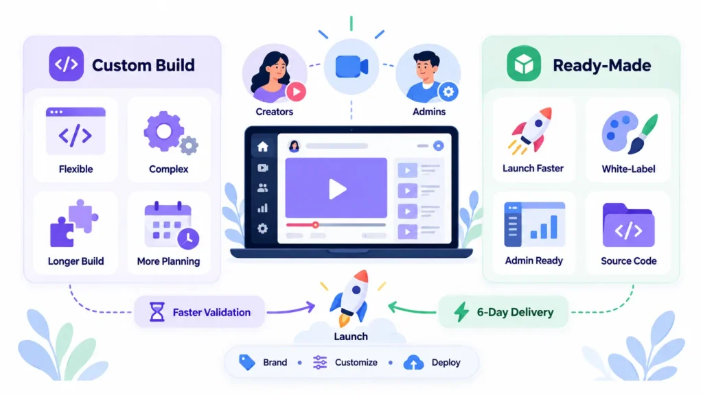 Ready-made vs custom short-form video platform development showing faster launch, white-label customization, admin readiness, source code, flexibility, and development planning.
