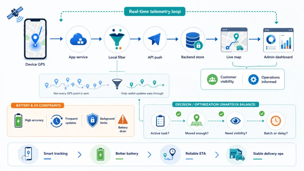 Background Geolocation Tracking: Managing Device Telemetry Without Battery Drain 1 Real-time GPS telemetry loop showing optimized location tracking, API updates, live maps, and battery-saving controls for delivery apps.