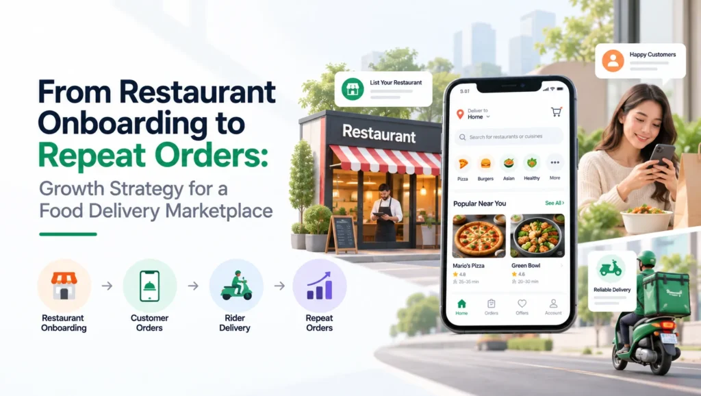 Growth Strategy for a Food Delivery Marketplace covering restaurant onboarding, customer orders, rider delivery, and repeat purchases.