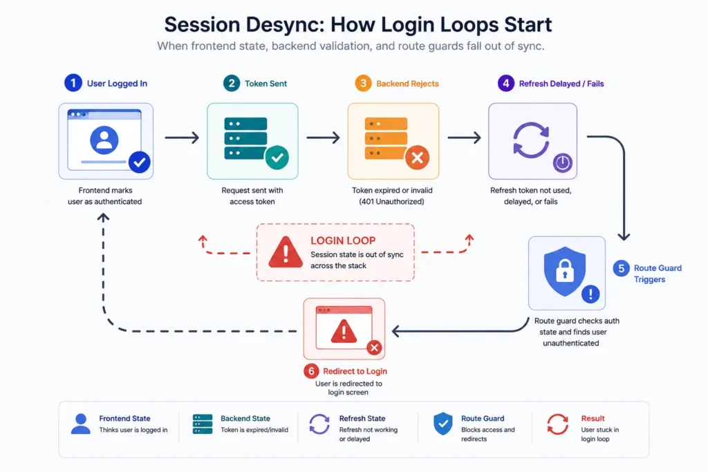 Session desync flowchart showing how frontend login state, backend token rejection, refresh delay, and route guards create login loops