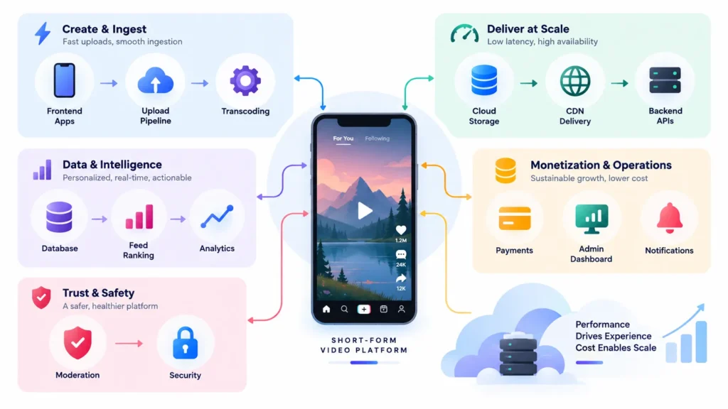 From Core Features to Development Cost: What Founders Should Plan for in a Short-Form Video Platform 2 Short-form video platform architecture showing video uploads, transcoding, cloud storage, CDN delivery, feed ranking, analytics, moderation, security, payments, admin dashboard, and notifications.