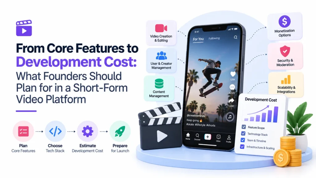 Short-form video platform development planning showing video creation, creator management, content management, monetization, security, scalability, integrations, and development cost factors.