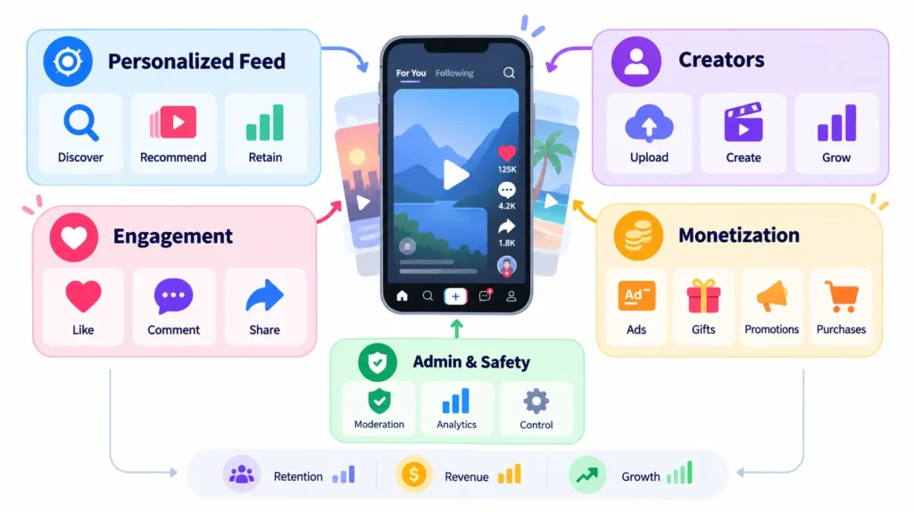 Short-form video platform ecosystem showing personalized feeds, creator tools, engagement, monetization, moderation, analytics, retention, revenue, and growth.
