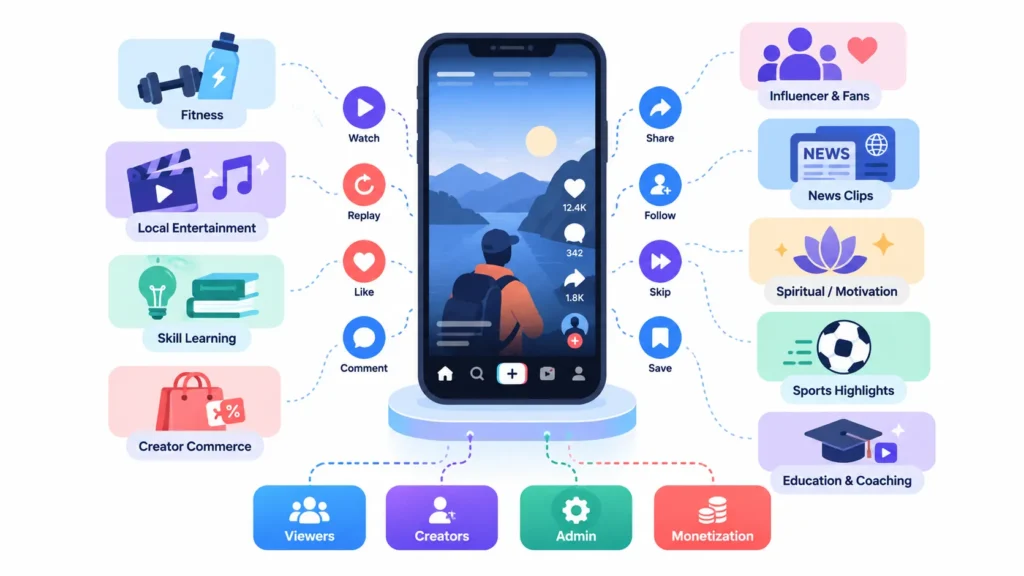 From Core Features to Development Cost: What Founders Should Plan for in a Short-Form Video Platform 1 Short-form video platform use cases showing fitness, entertainment, skill learning, creator commerce, influencers, news, motivation, sports, education, and viewer engagement features.