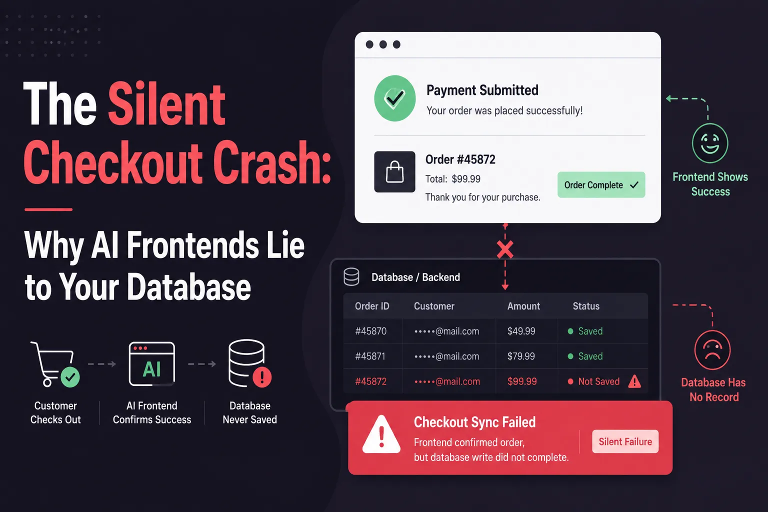 AI-generated ecommerce checkout showing successful payment while the database order record is missing
