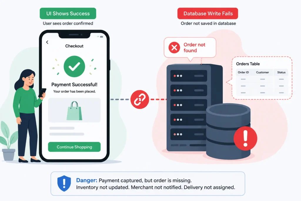 The Silent Checkout Crash: Why AI Frontends Lie to Your Database 2 AI checkout showing payment success while database write fails and order is missing