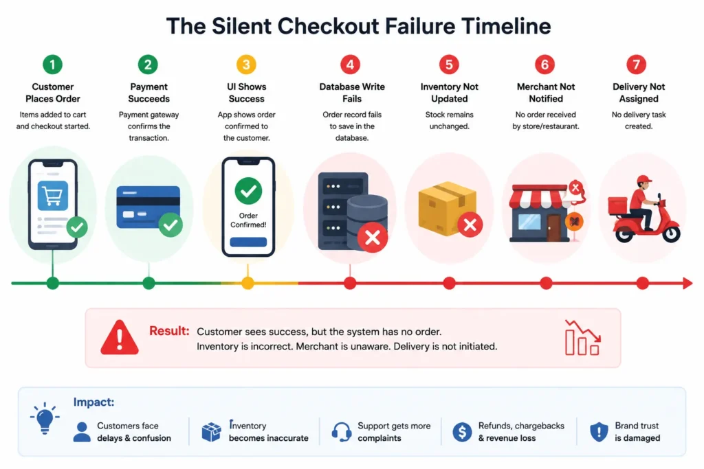 The Silent Checkout Crash: Why AI Frontends Lie to Your Database 1 Timeline of silent checkout failure from payment success to missing order, inventory mismatch, and unassigned delivery