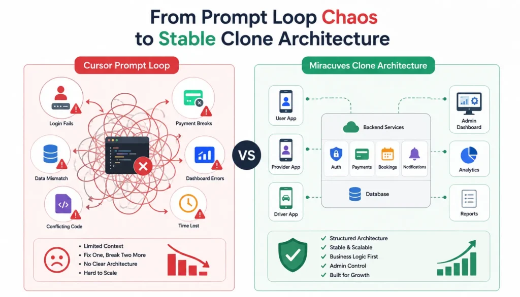 Escaping the Prompt Loop: How to Debug and Extract Logic from Cursor Builds 3 Comparison of Cursor AI prompt loop chaos and stable Miracuves clone app architecture with backend, admin, database, and app modules