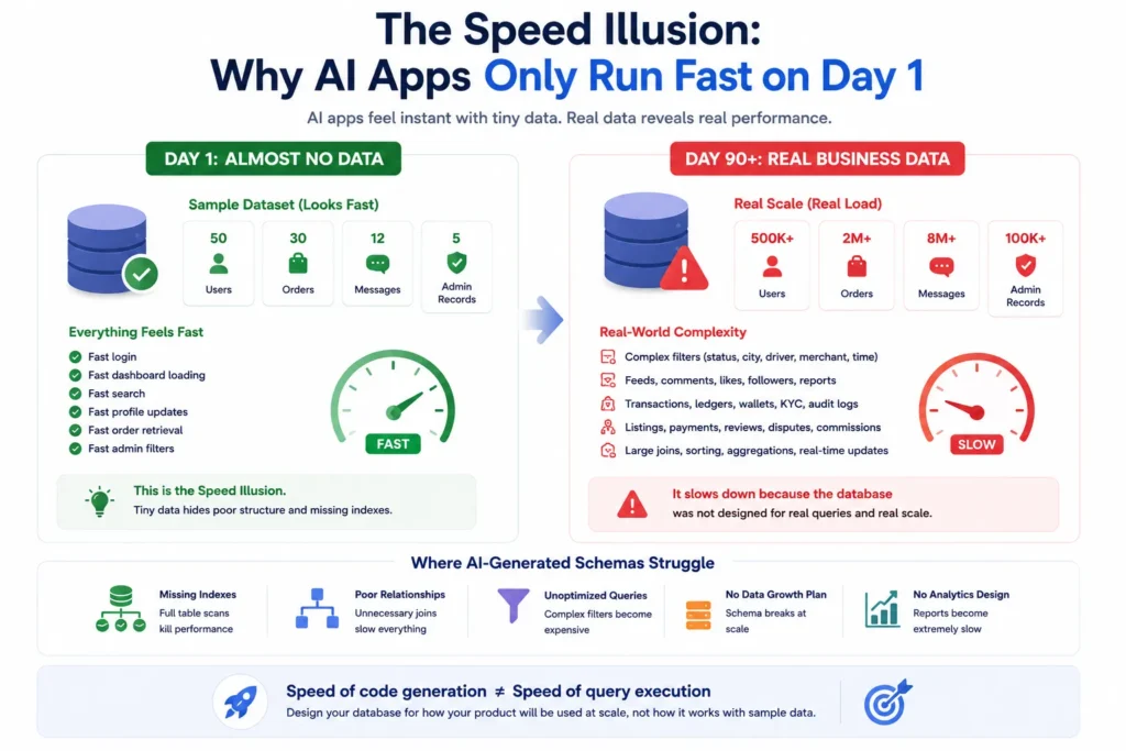 Infographic comparing AI app performance on day one versus real-world scale, showing how poor database schemas and missing indexes cause performance degradation.