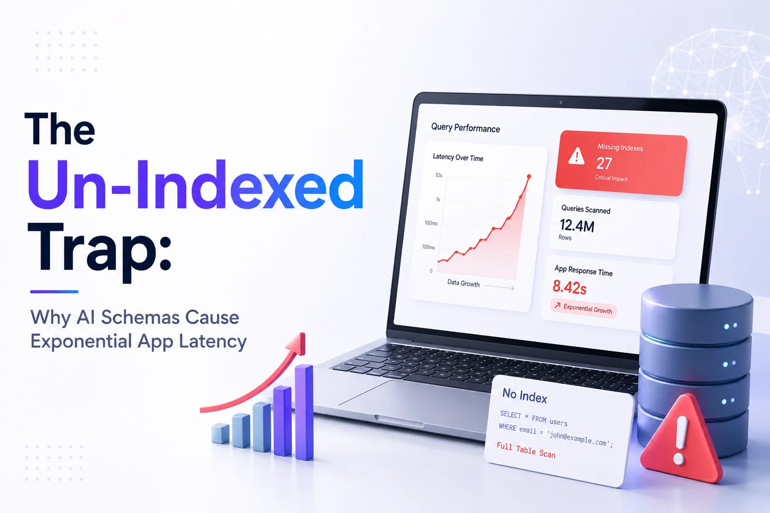 Infographic showing how missing database indexes in AI-generated schemas cause exponential application latency, slow queries, and poor database performance.