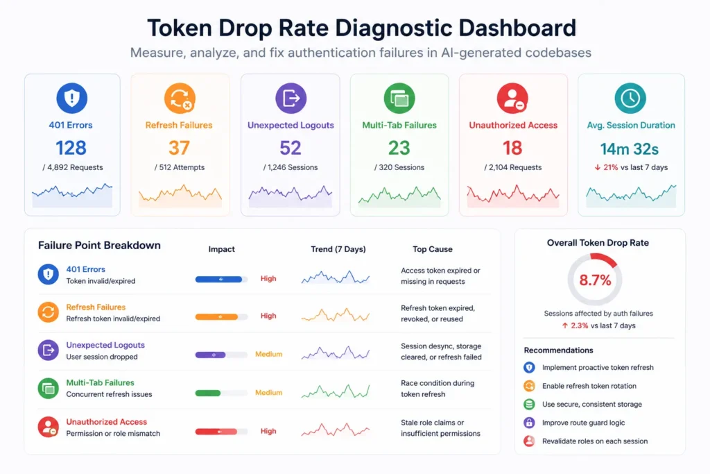 Token drop rate diagnostic dashboard showing 401 errors, refresh failures, unexpected logouts, and multi-tab session failures in AI-generated authentication