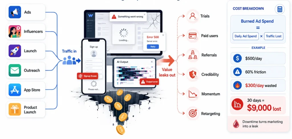 Downtime cost infographic showing paid traffic reaching a broken app interface, causing failed signups, server errors, lost users, damaged credibility, wasted ad spend, and reduced launch momentum.