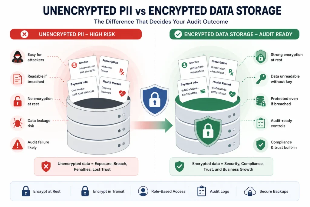 Failing the Audit: How an AI-Built MVP Leaked PII and Why the White-Label Rescue Worked 2 Vector illustration comparing unencrypted PII storage with encrypted data storage in a healthtech MVP database