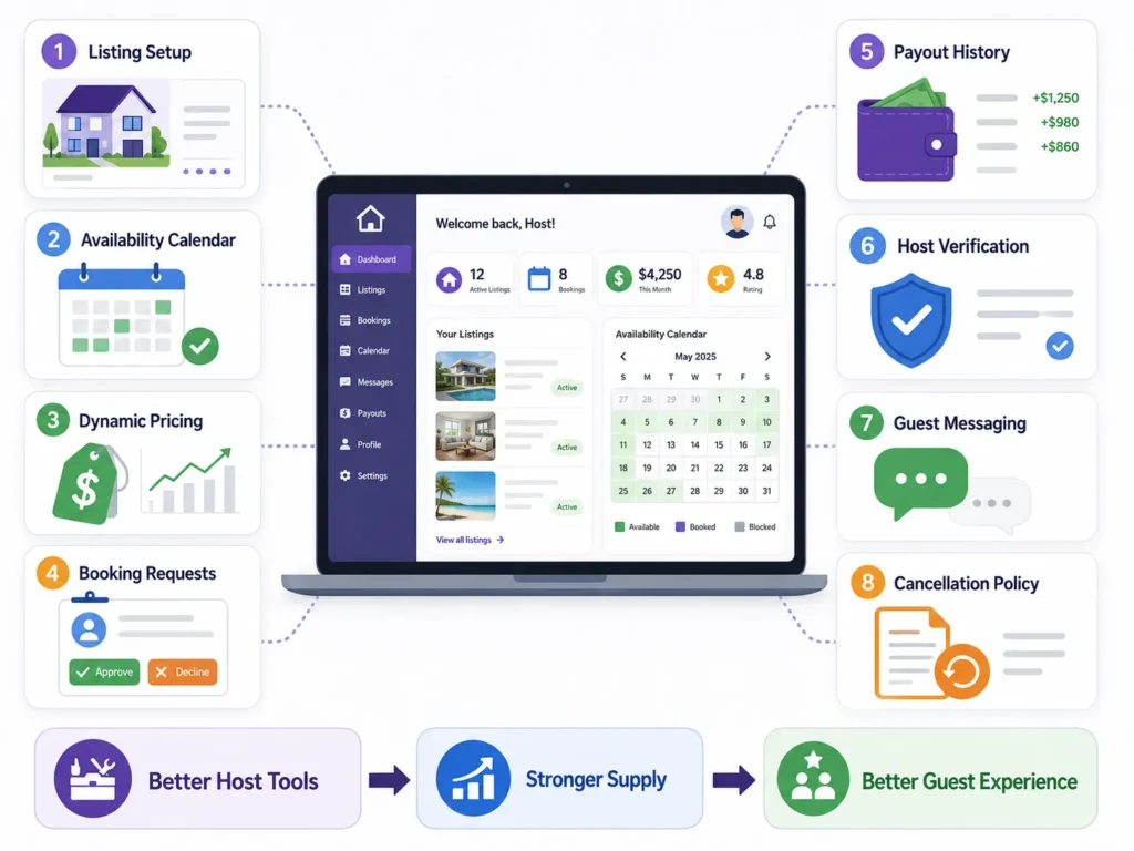 Vacation Rental Marketplace Features and Pricing: What Founders Should Evaluate Before Launch 1 Vacation rental host dashboard with listing management, availability calendar, dynamic pricing, payouts, verification, and guest messaging.