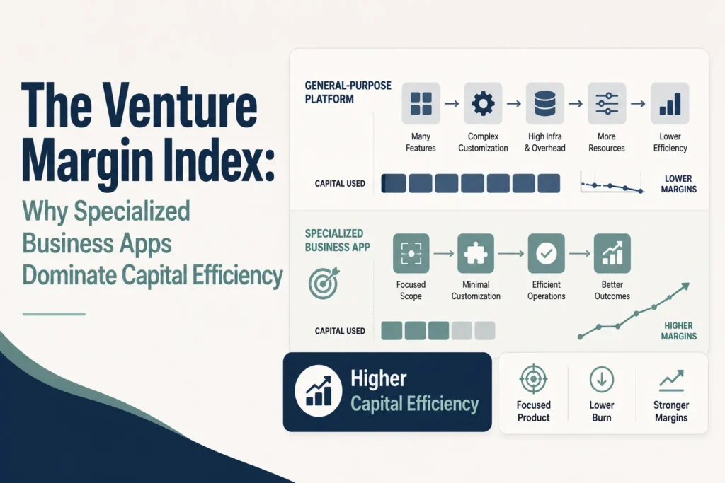 Venture Margin Index infographic comparing general-purpose platforms with specialized business apps across customization, infrastructure overhead, capital use, operational efficiency, and profit margins.