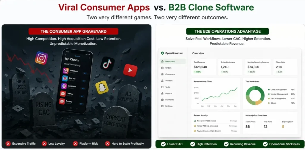 Consumer app competition compared with B2B clone software dashboard growth