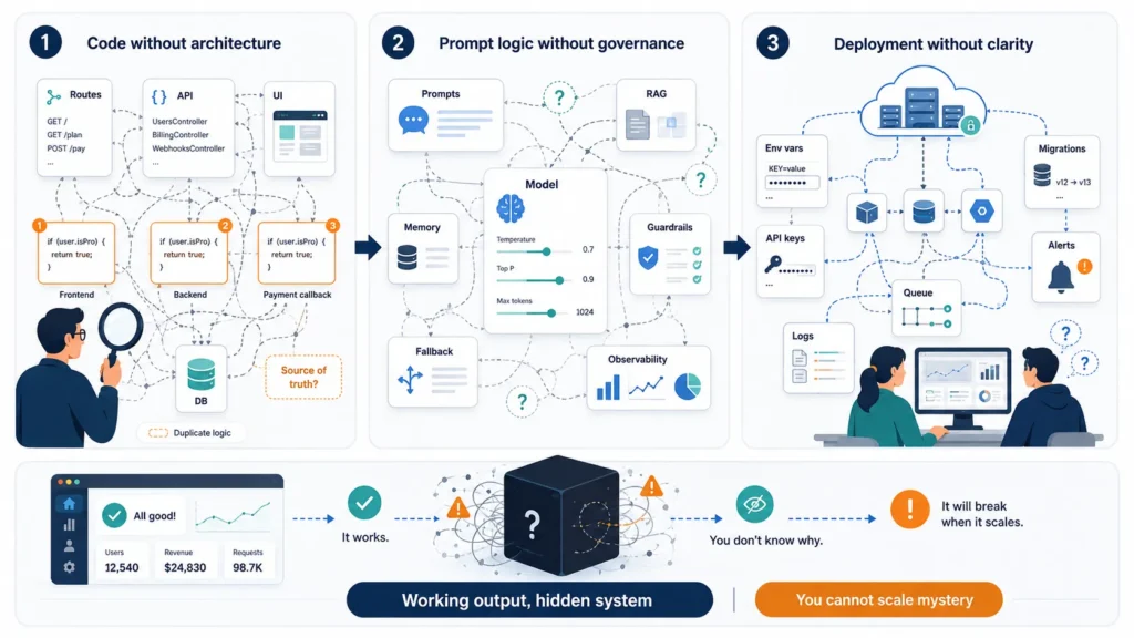 The Black Box MVP: Why 90% of AI Codebases Lack Architectural Documentation 1 AI MVP black box infographic showing code without architecture, prompt logic without governance, deployment without visibility, hidden dependencies, scattered backend logic, RAG, memory, model settings, environment variables, API keys, migrations, alerts, logs, and unknown system behavior.