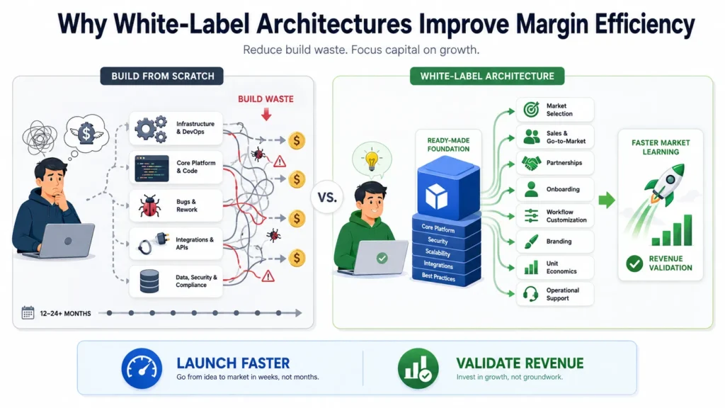 The Venture Margin Index: Why Specialized Business Apps Dominate Capital Efficiency 2 Infographic comparing build-from-scratch development with white-label architecture, showing reduced engineering waste, faster market learning, stronger capital allocation, and earlier revenue validation.
