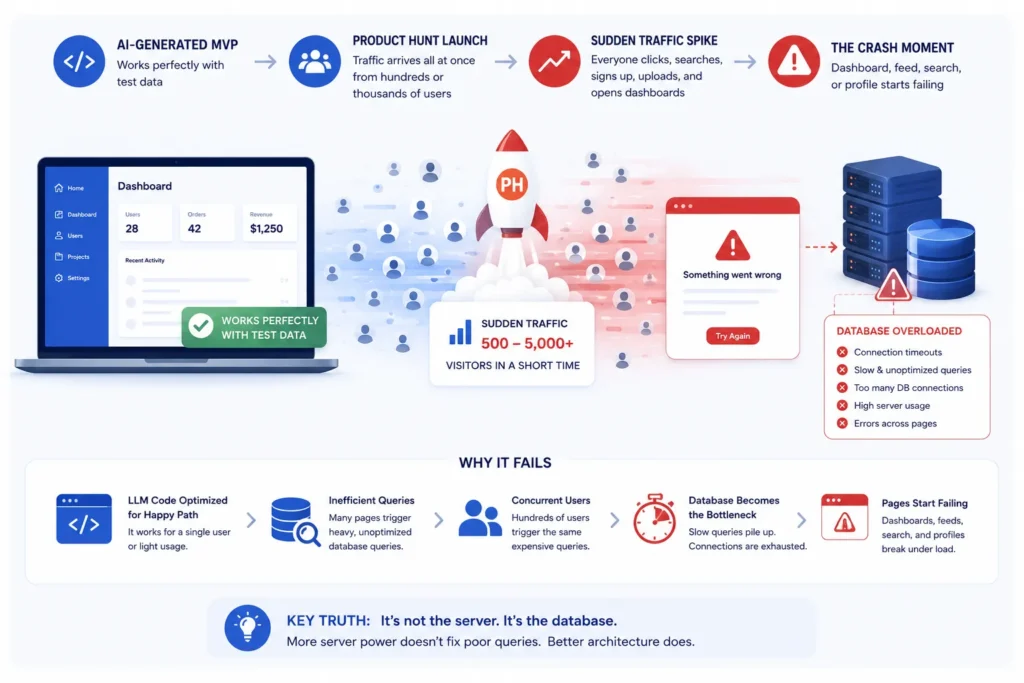Infographic showing why AI-built MVPs crash after Product Hunt launches due to sudden traffic spikes, database overload, and inefficient queries.