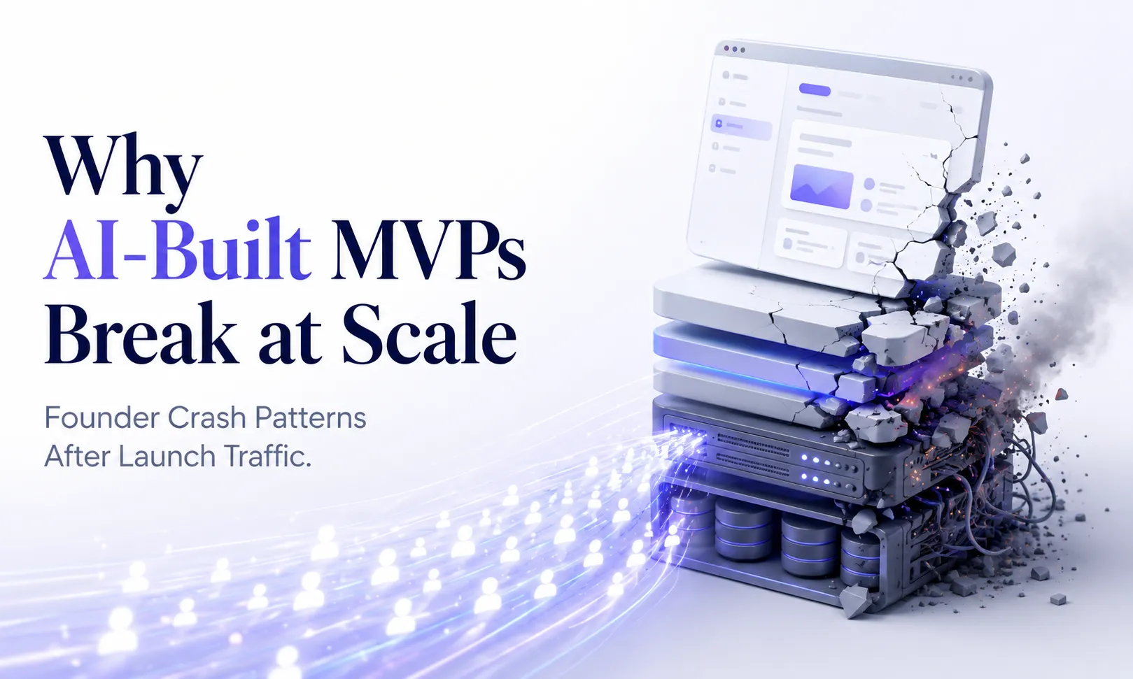 Illustration showing why AI-built MVPs break at scale when real user traffic overwhelms weak infrastructure and application architecture.