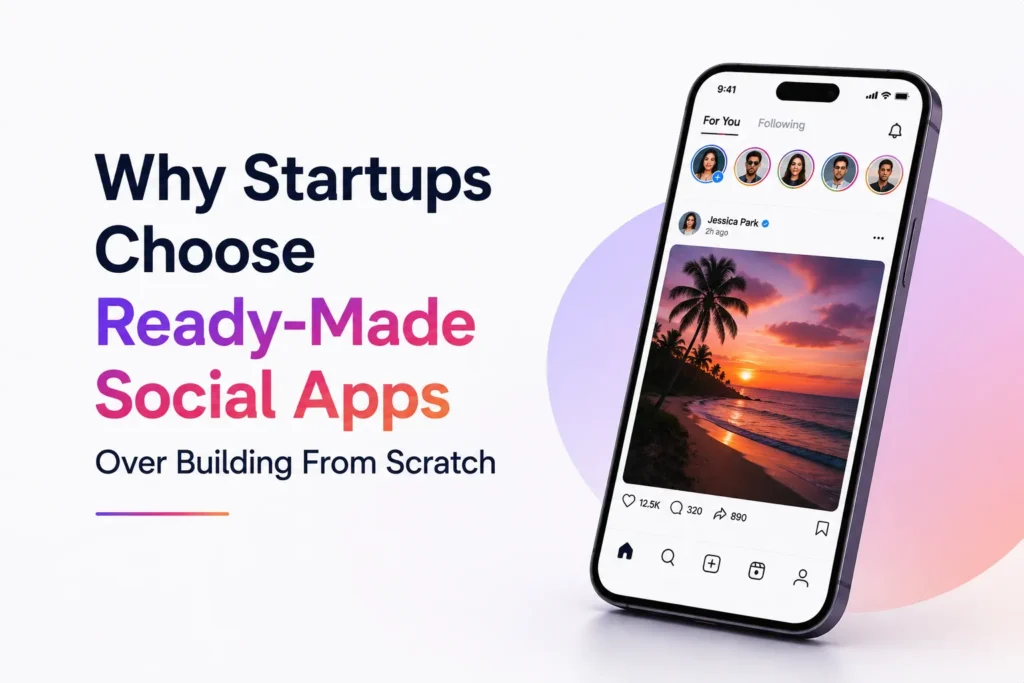 Ready-made social app for startups showing a visual social platform as an alternative to building from scratch