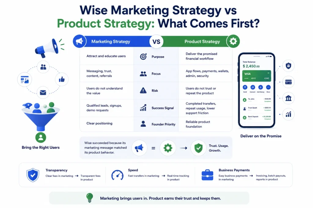 Wise marketing strategy vs product strategy comparison showing how marketing attracts users while product builds trust and retention