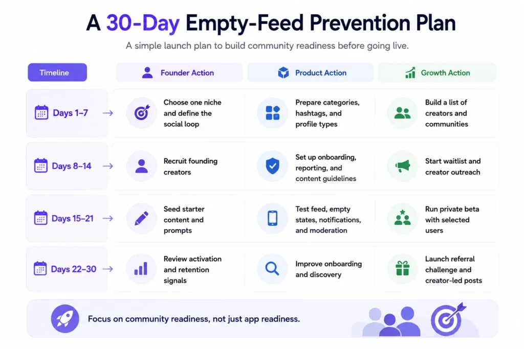 How to Solve the Empty-Feed Problem Before Launching a Visual Social App 2 30-day empty-feed prevention plan for social apps covering niche selection, creator recruitment, content seeding, beta testing, onboarding, and retention