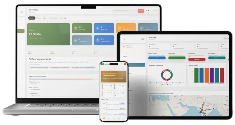 AgriMove admin and fleet operations dashboard showing active trips, shipment tracking, route monitoring, risk alerts, and logistics analytics