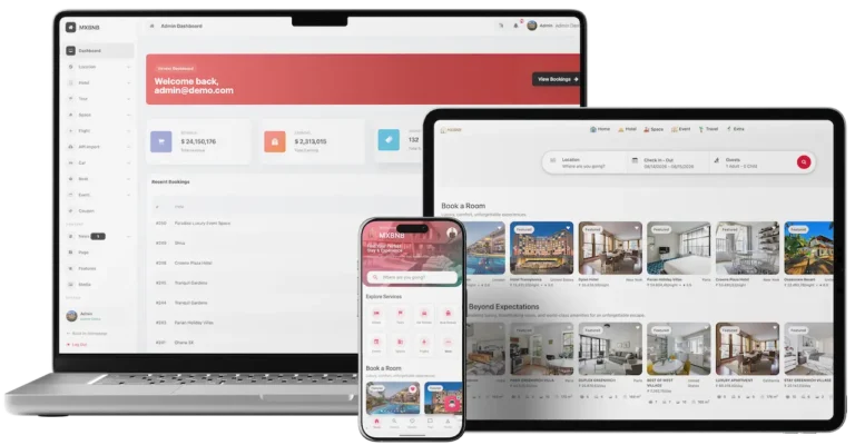 Airbnb clone platform displayed across mobile, web, and admin dashboard interfaces for managing properties, bookings, users, and revenue