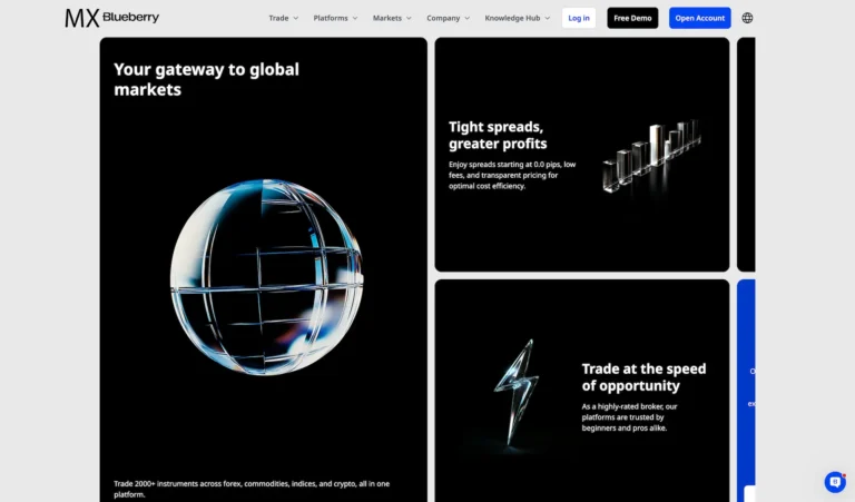 Blueberry Markets Clone trading platform interface featuring global market access, tight spreads, and fast trade execution