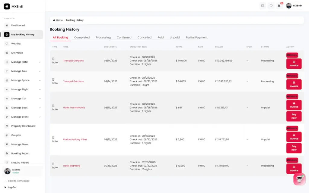Airbnb Clone Host Booking History