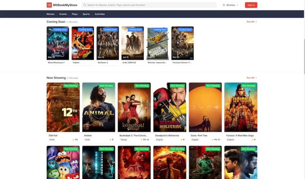 MXBookMyShow admin dashboard displaying movies, events, activities, and entertainment listings