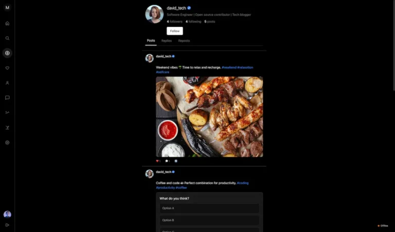 Member profile feed featuring photo-based posts, captions, hashtags, follower information, and engagement actions