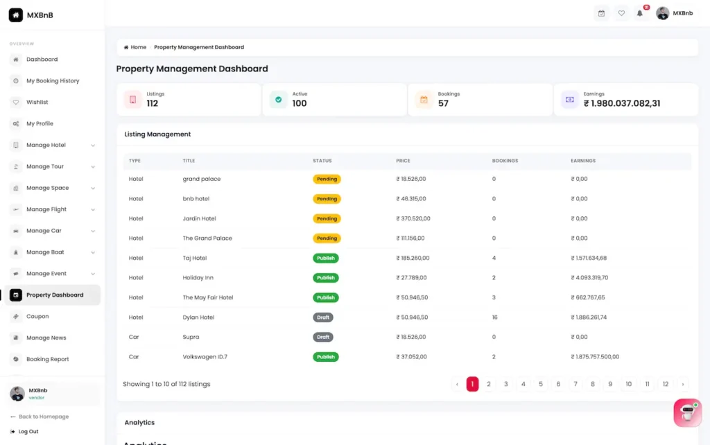 Airbnb Clone Property Management Booking Dashboard