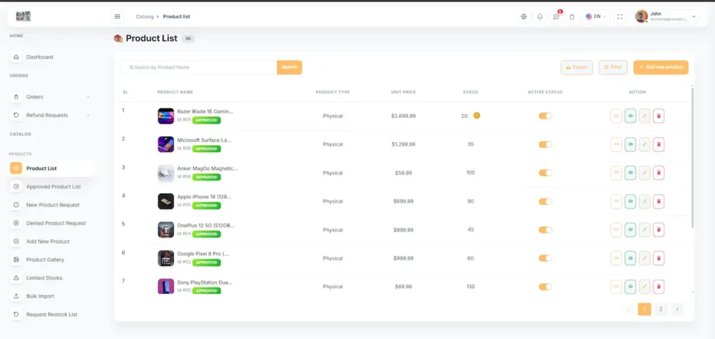 Amazon Clone Vendor Product Inventory