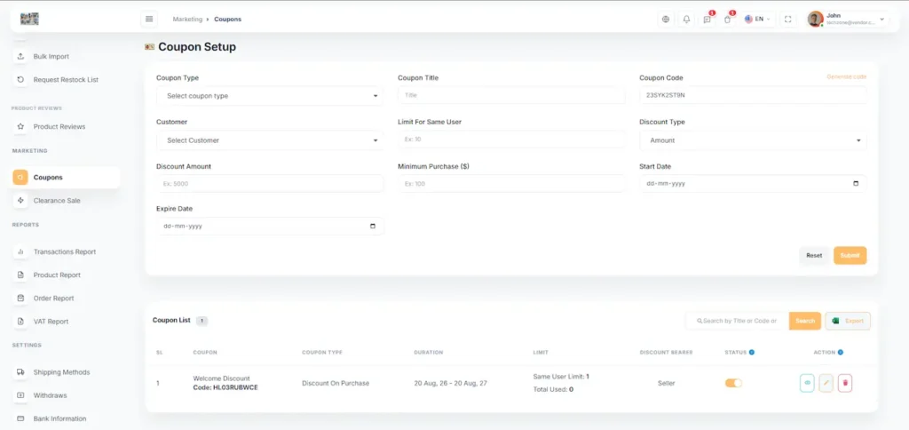 Amazon Clone Vendor Coupon Setup