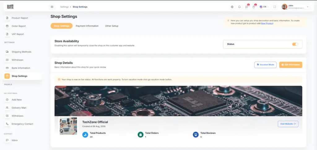Amazon Clone Vendor Shop Settings