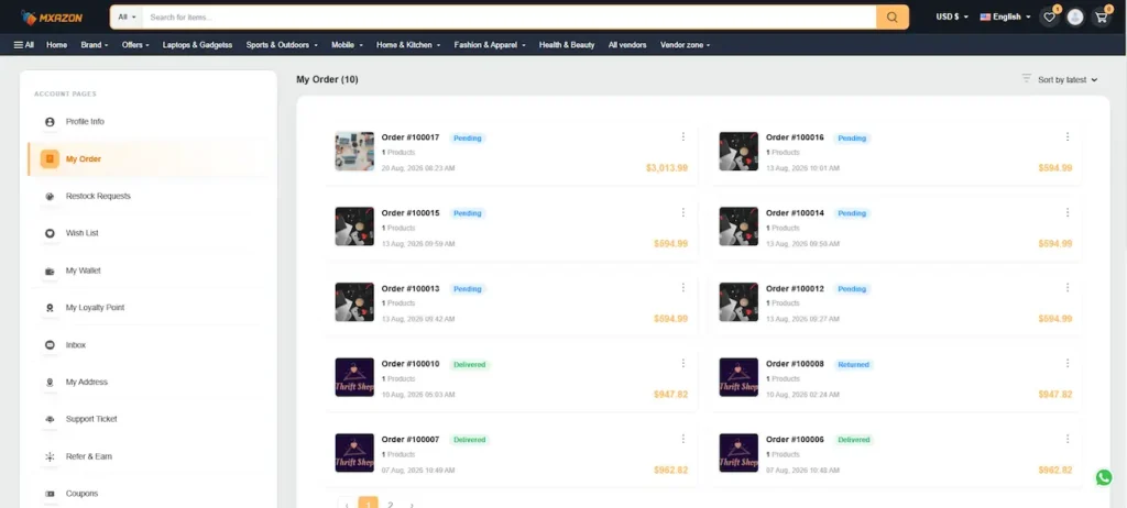 Amazon Clone Customer Order History