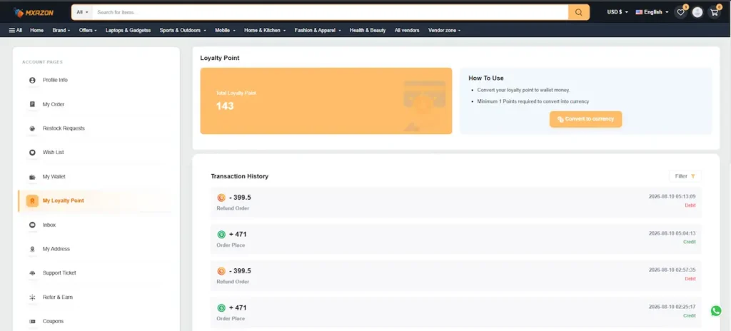 Amazon Clone Loyalty Points and Transactions