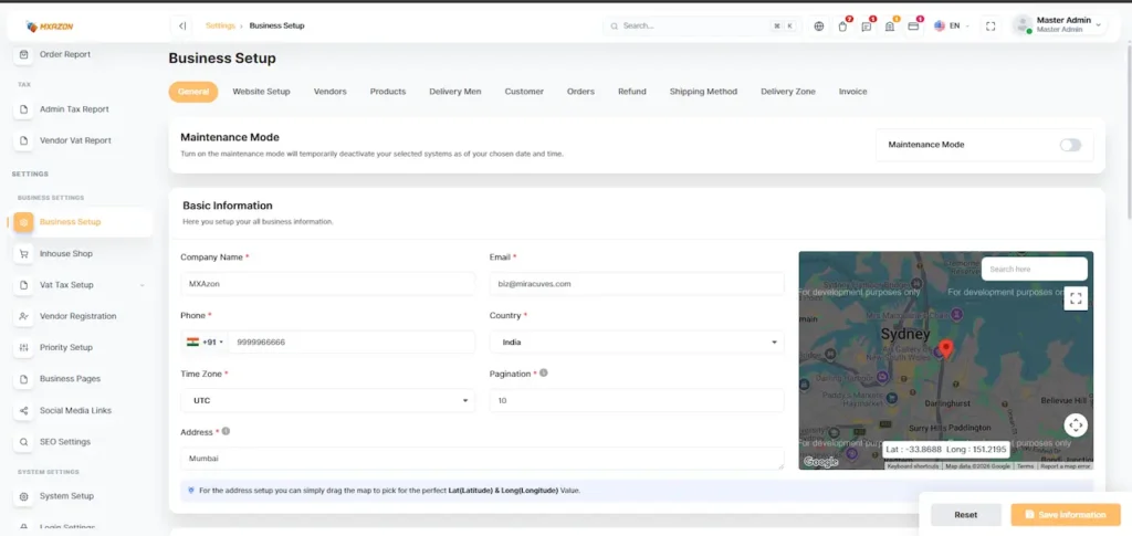 Amazon Clone Admin Business Settings
