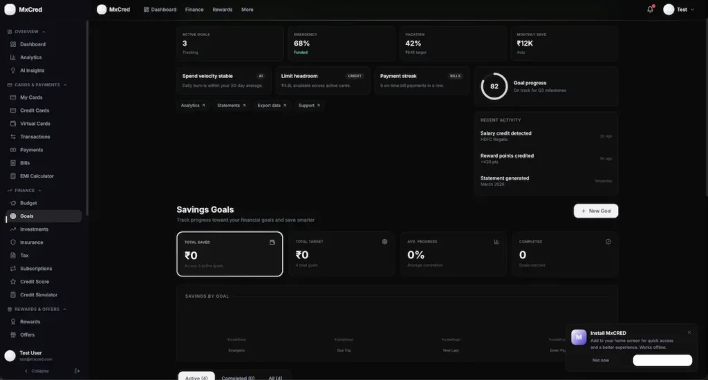 Cred Clone Savings Goals Dashboard