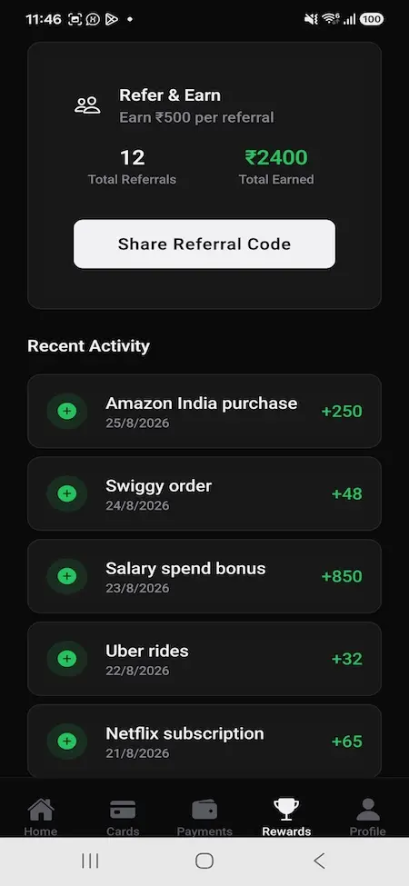 Cred Clone Referral Rewards and Recent Activity